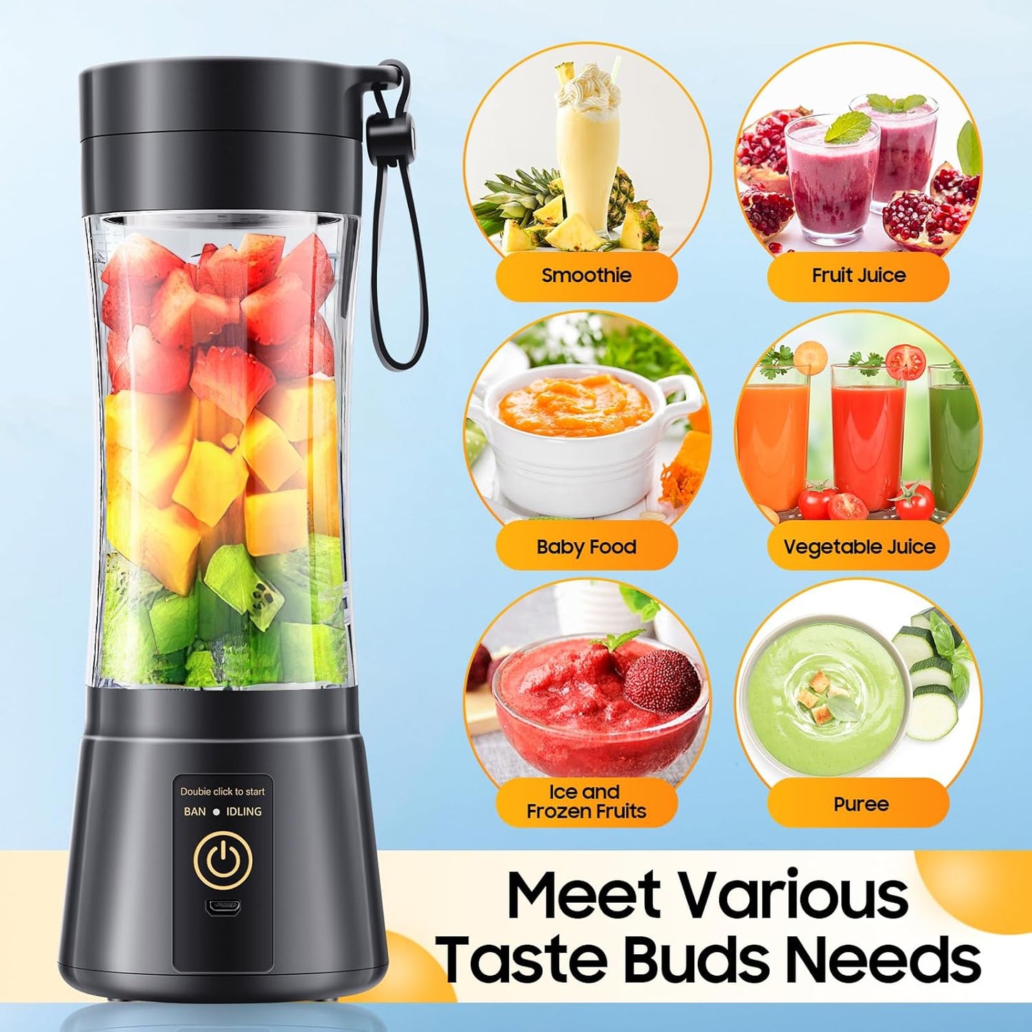 Portable Blender for Smoothies and Shakes - Personal Size Mini Blender with 380Ml Travel Cup, 6 Stainless Steel Blades for Powerful Blending, Fresh Fruit Juicer for Home/Travel, Mother'S Day